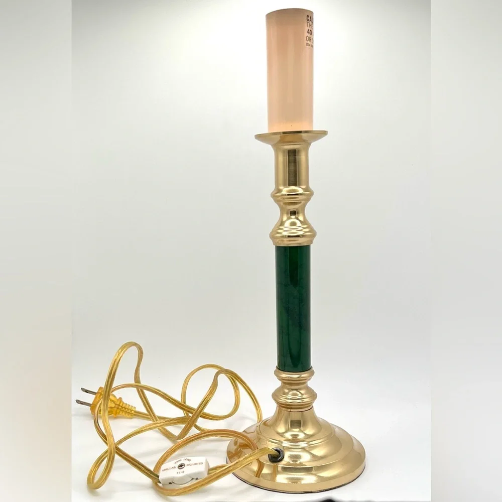 Vintage MCM Brass & Green Faux Marble Candlestick Portable Lamp Taiwan 70s
